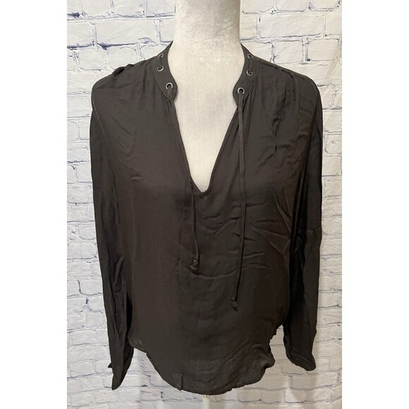 Cloth & Stone Tops - Cloth & Stone Blouse Womens Olive Small Long Sleeve V-Neck High-Low Tie Neck